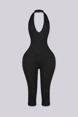 Halter neck capri jumpsuit with plunging deep V neckline
Open back with a crisscross twist detail and flattering ruching waist seam
