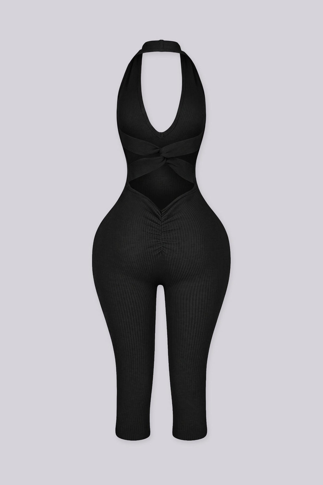Halter neck capri jumpsuit with plunging deep V neckline
Open back with a crisscross twist detail and flattering ruching waist seam
