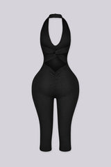 Halter neck capri jumpsuit with plunging deep V neckline
Open back with a crisscross twist detail and flattering ruching waist seam
