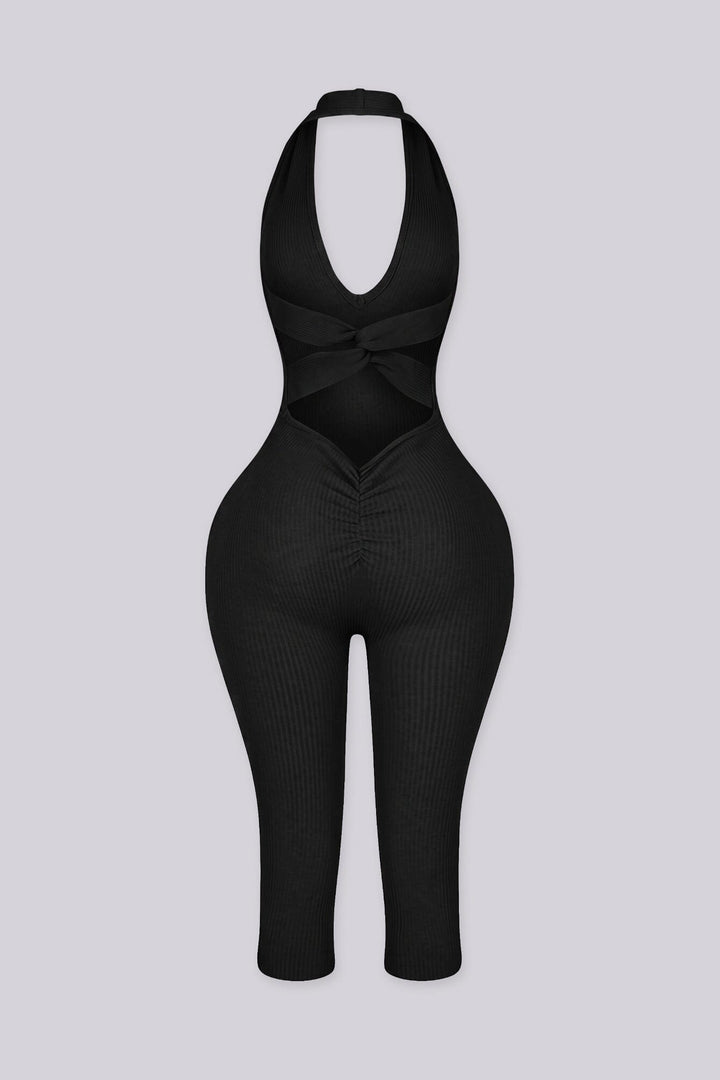 Halter neck capri jumpsuit with plunging deep V neckline
Open back with a crisscross twist detail and flattering ruching waist seam