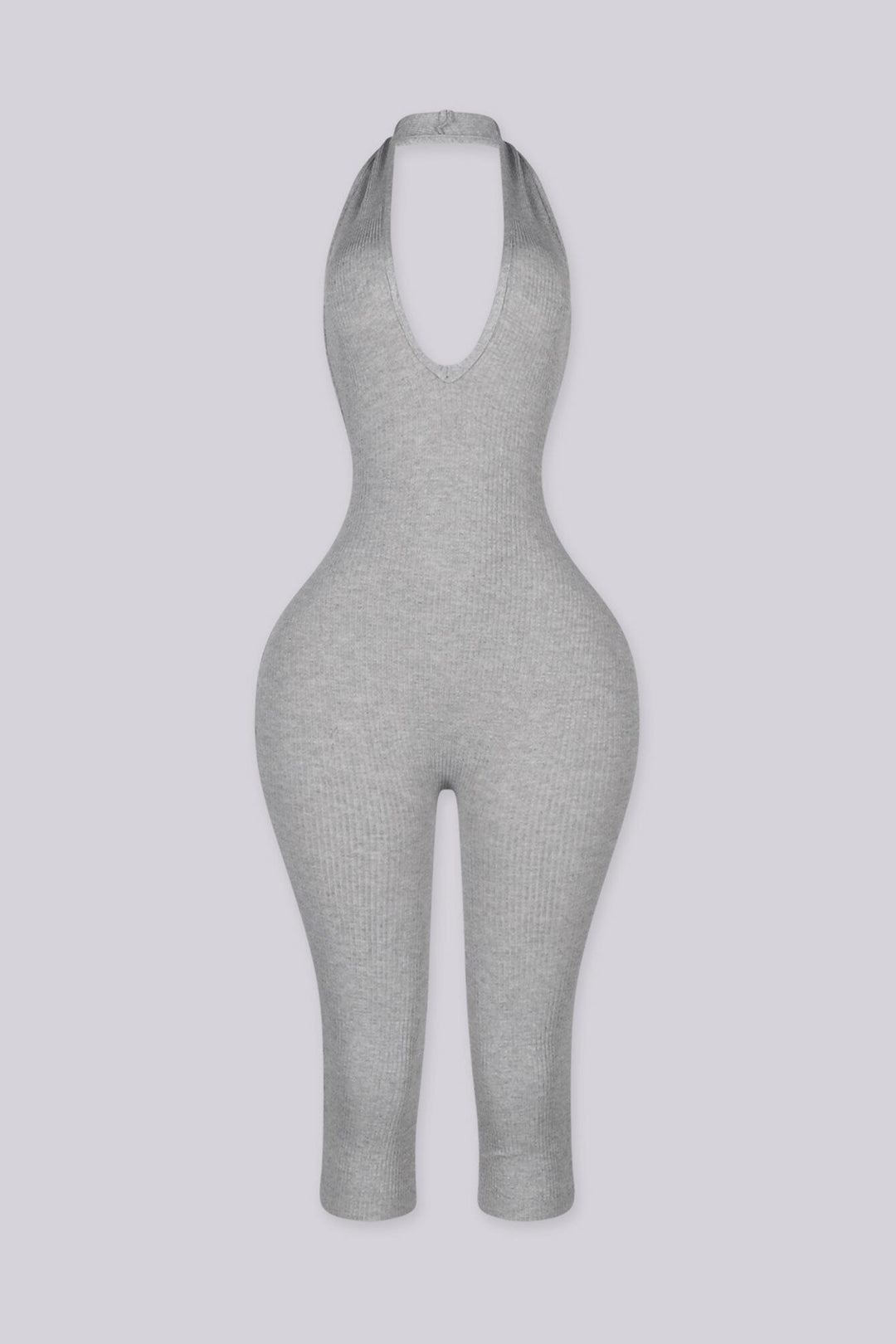 Halter neck capri jumpsuit with plunging deep V neckline
Open back with a crisscross twist detail and flattering ruching waist seam