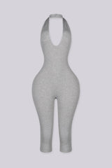 Halter neck capri jumpsuit with plunging deep V neckline
Open back with a crisscross twist detail and flattering ruching waist seam