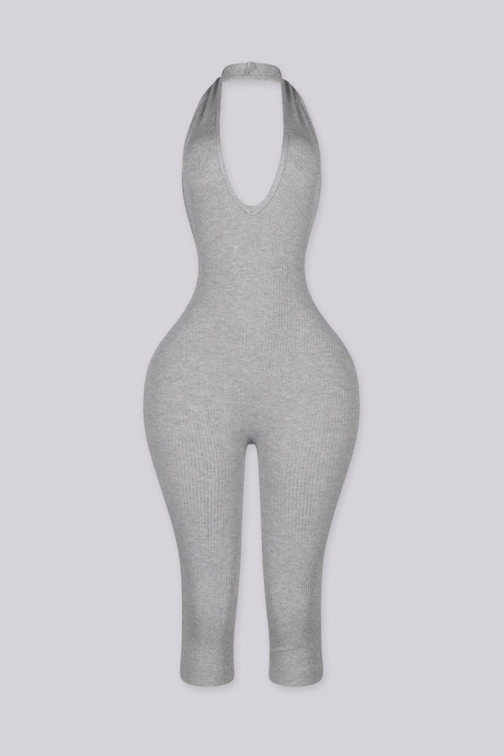 Halter neck capri jumpsuit with plunging deep V neckline
Open back with a crisscross twist detail and flattering ruching waist seam
