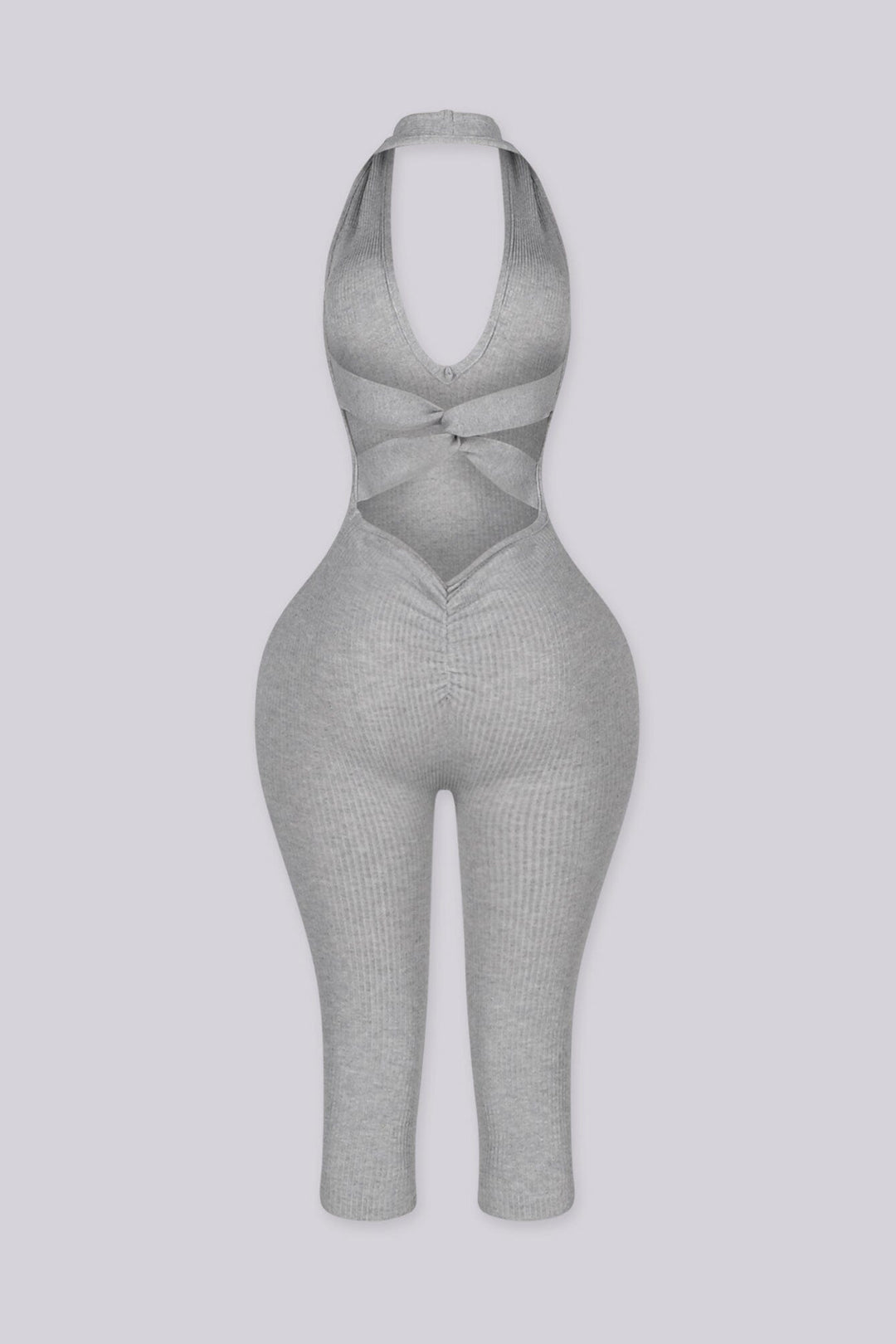 Halter neck capri jumpsuit with plunging deep V neckline
Open back with a crisscross twist detail and flattering ruching waist seam
