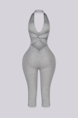 Halter neck capri jumpsuit with plunging deep V neckline
Open back with a crisscross twist detail and flattering ruching waist seam