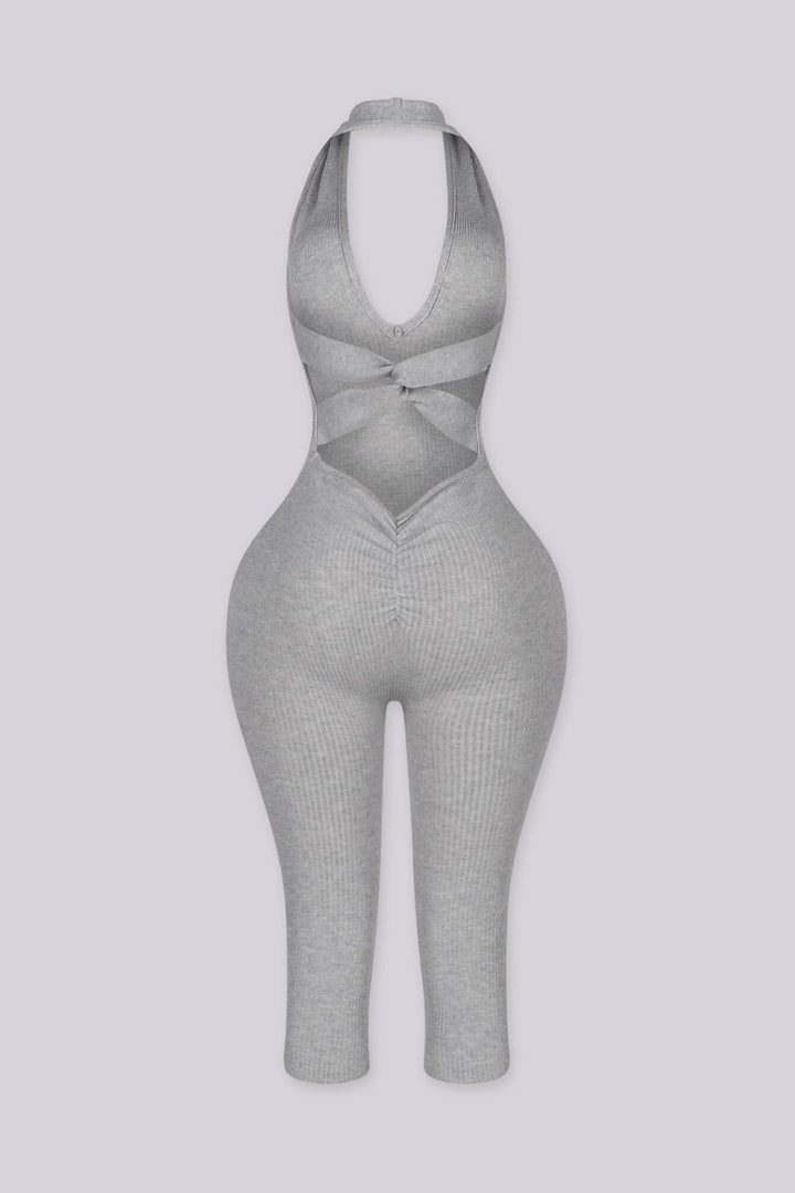 Halter neck capri jumpsuit with plunging deep V neckline
Open back with a crisscross twist detail and flattering ruching waist seam