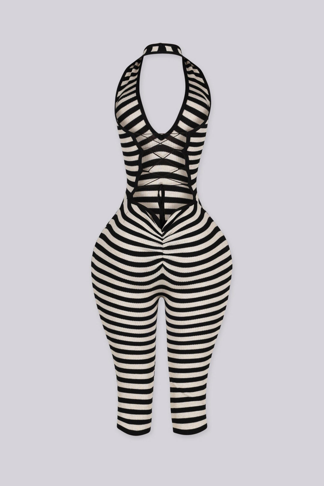 Ribbed knit halter neck romper with plunging neckline, black back view