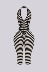 Ribbed knit halter neck romper with plunging neckline, black back view