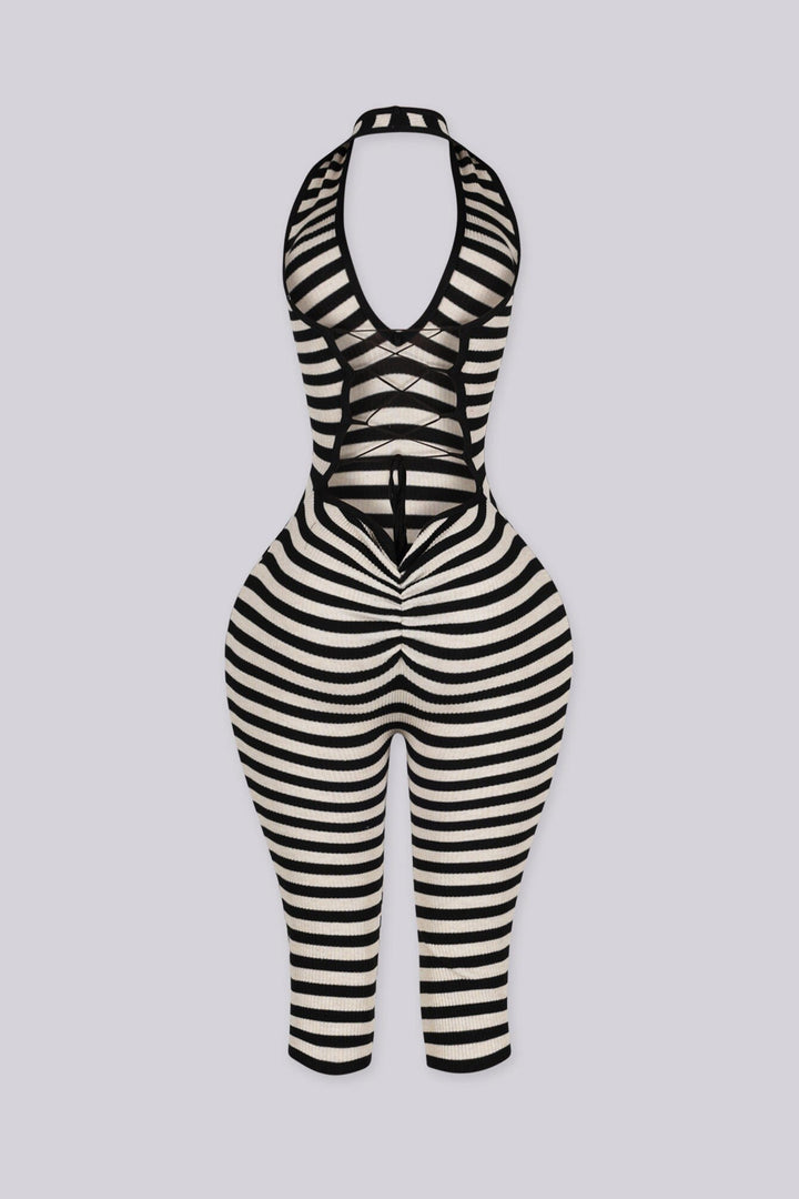 Ribbed knit halter neck romper with plunging neckline, black back view