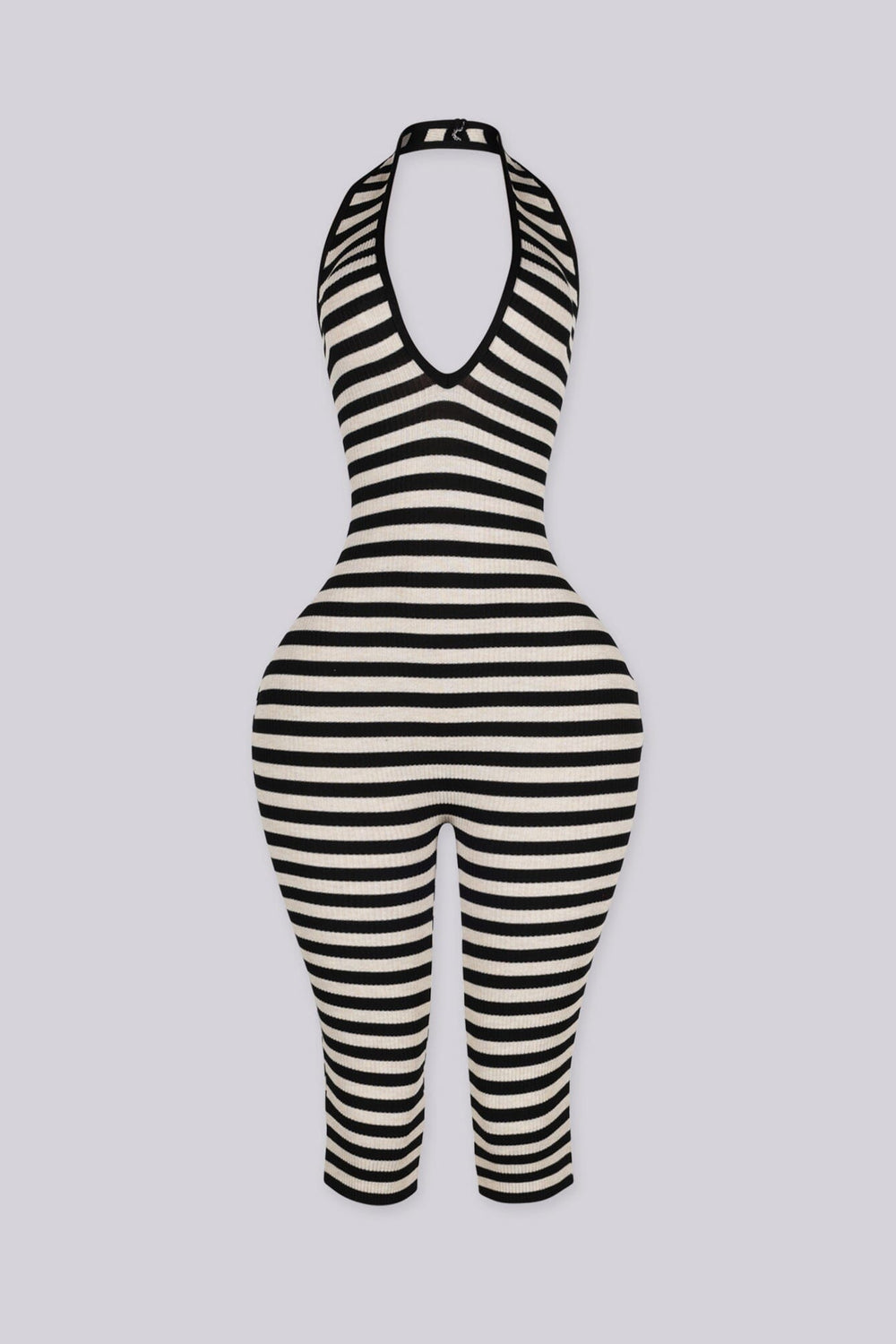 Ribbed knit halter neck romper with plunging neckline, black front view