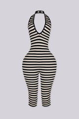 Ribbed knit halter neck romper with plunging neckline, black front view