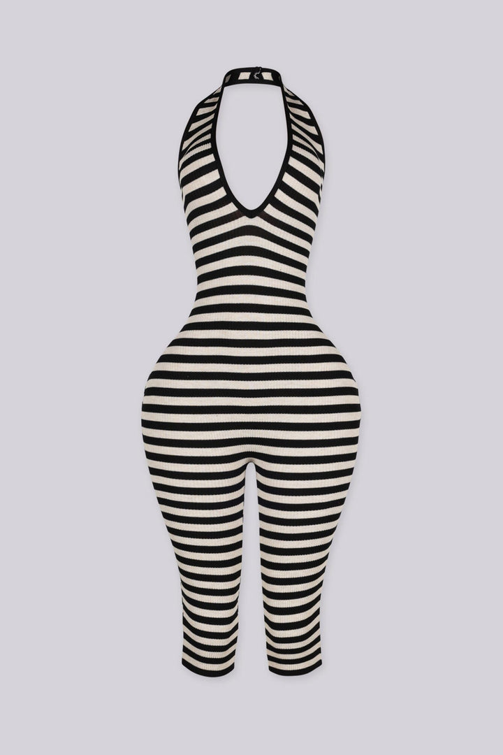 Ribbed knit halter neck romper with plunging neckline, black front view