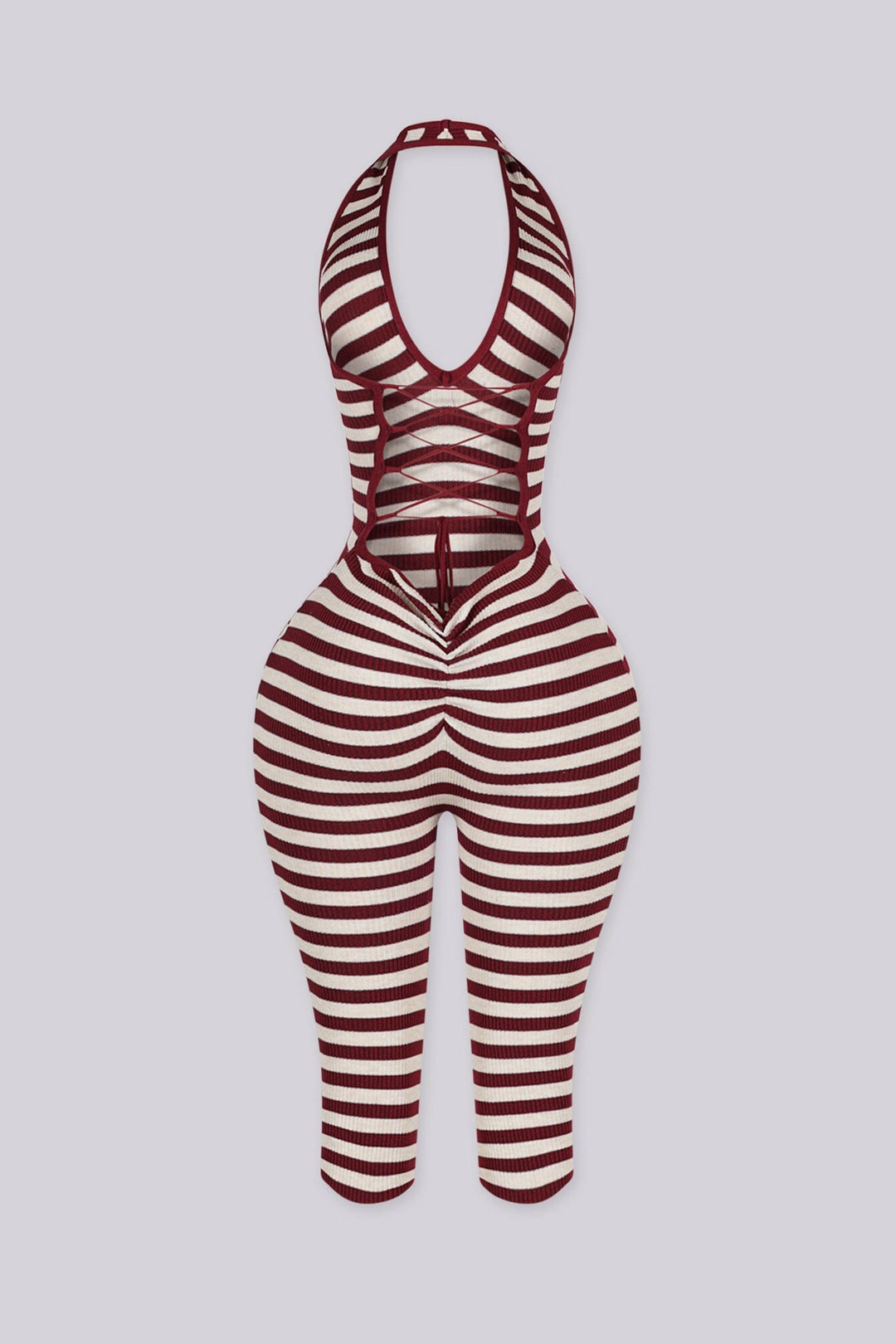 Ribbed knit halter neck romper with plunging neckline, burgundy back view