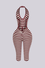 Ribbed knit halter neck romper with plunging neckline, burgundy back view