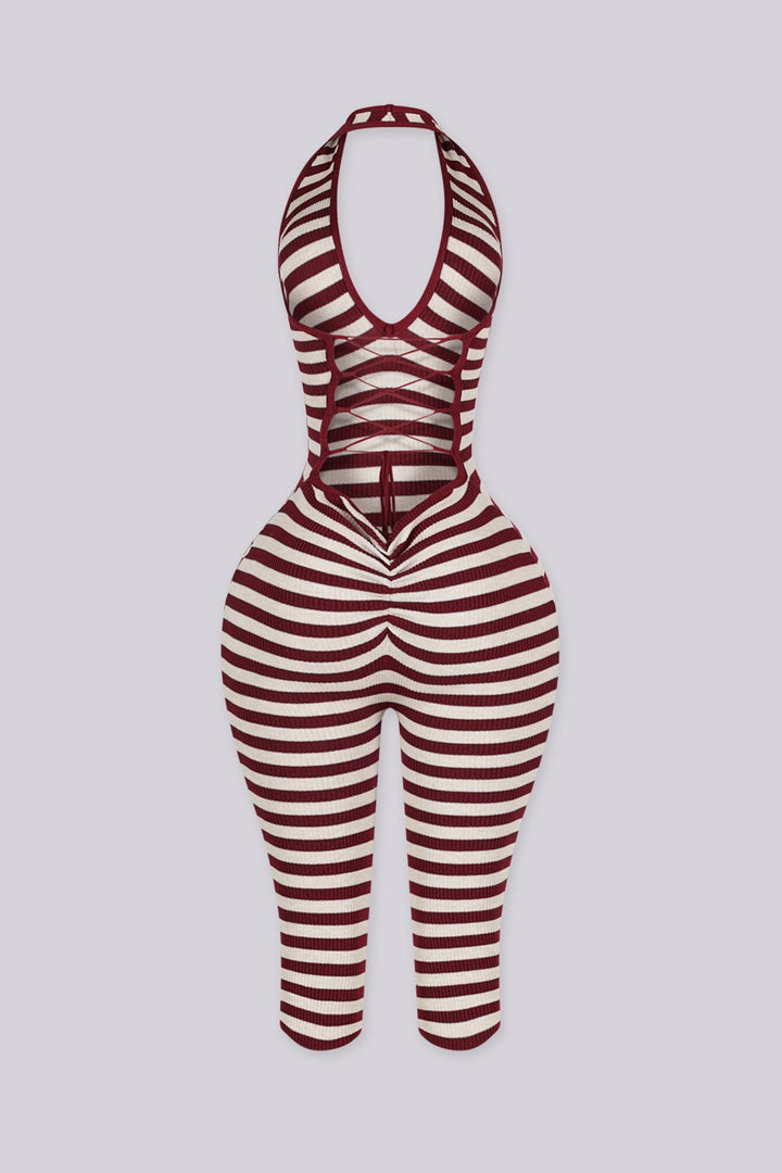 Ribbed knit halter neck romper with plunging neckline, burgundy back view