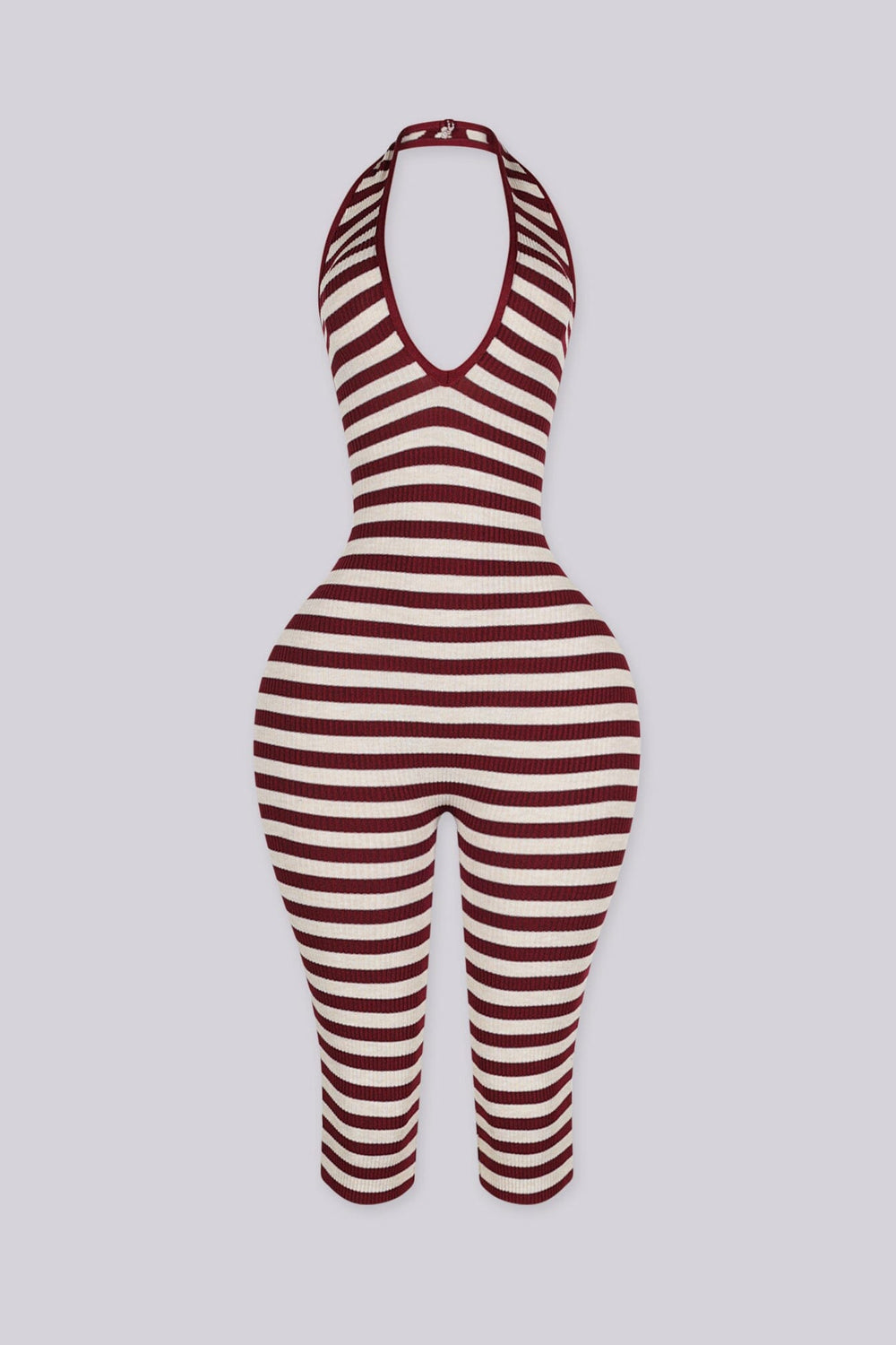 Ribbed knit halter neck romper with plunging neckline, burgundy front view