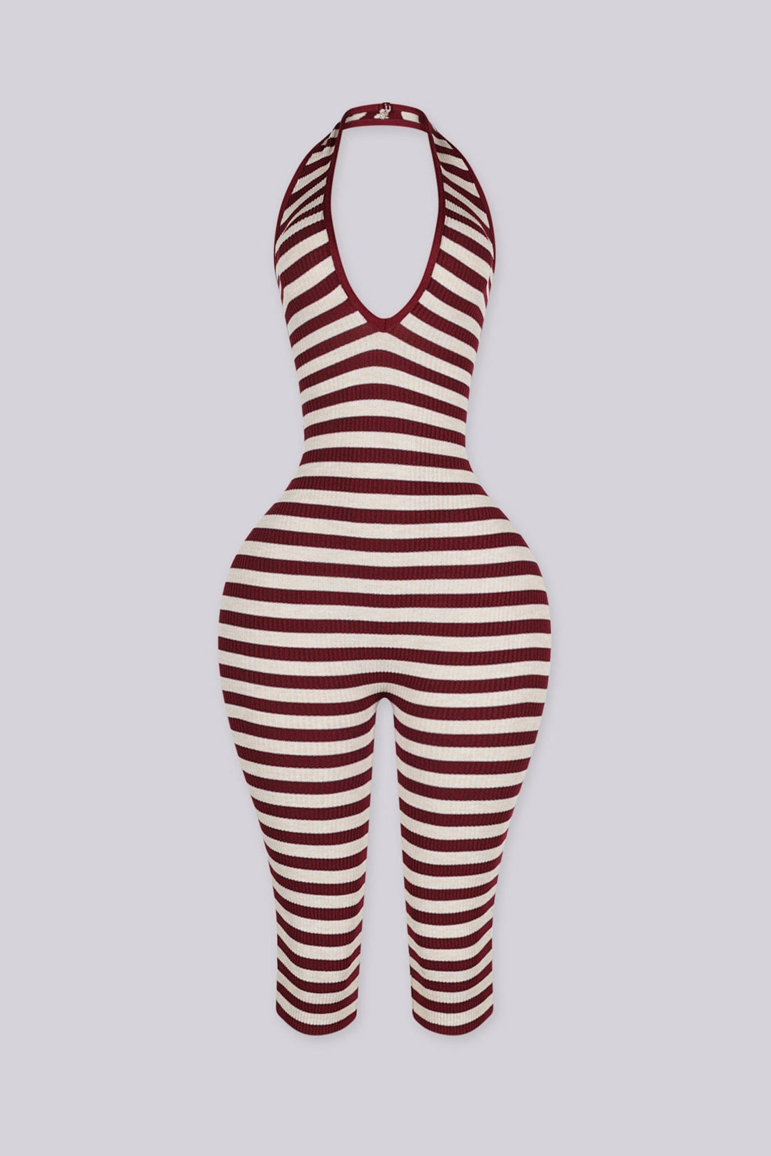 Ribbed knit halter neck romper with plunging neckline, burgundy front view