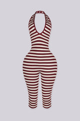Ribbed knit halter neck romper with plunging neckline, burgundy front view