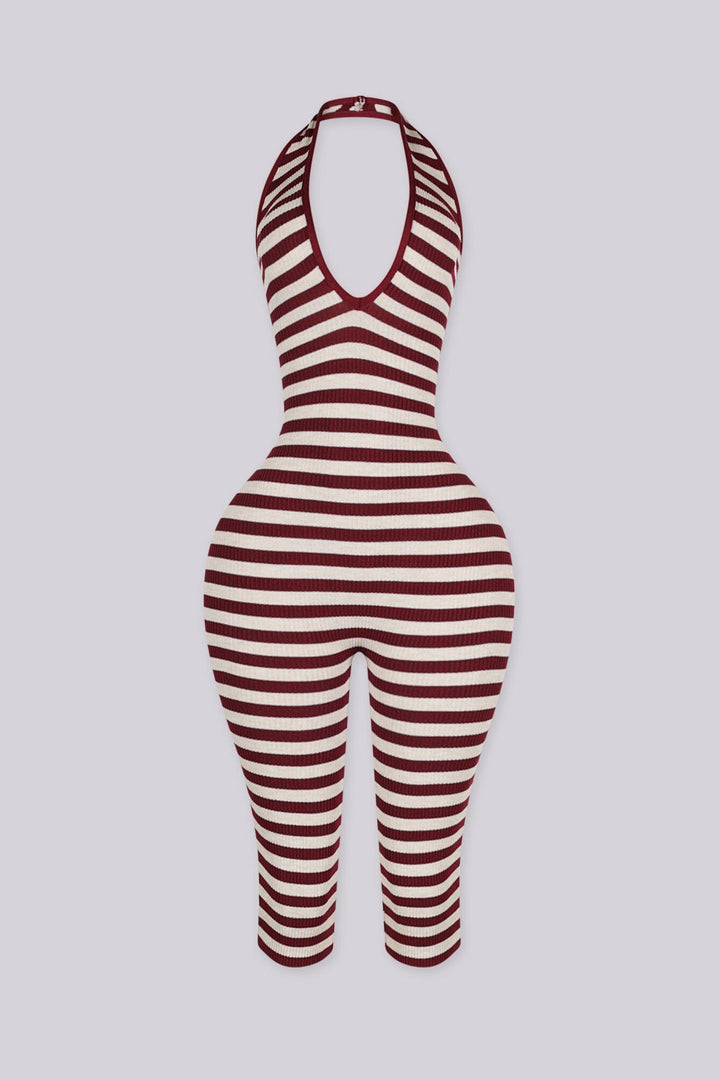 Ribbed knit halter neck romper with plunging neckline, burgundy front view