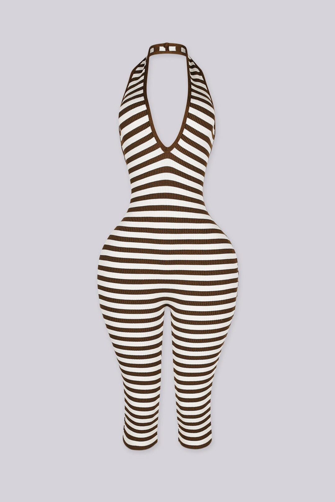 Ribbed knit halter neck romper with plunging neckline, black front view