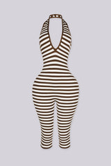 Ribbed knit halter neck romper with plunging neckline, black front view