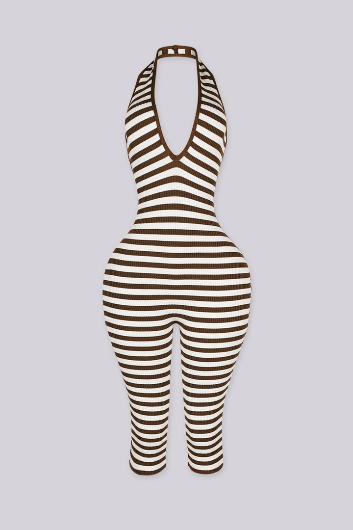 Ribbed knit halter neck romper with plunging neckline, black front view