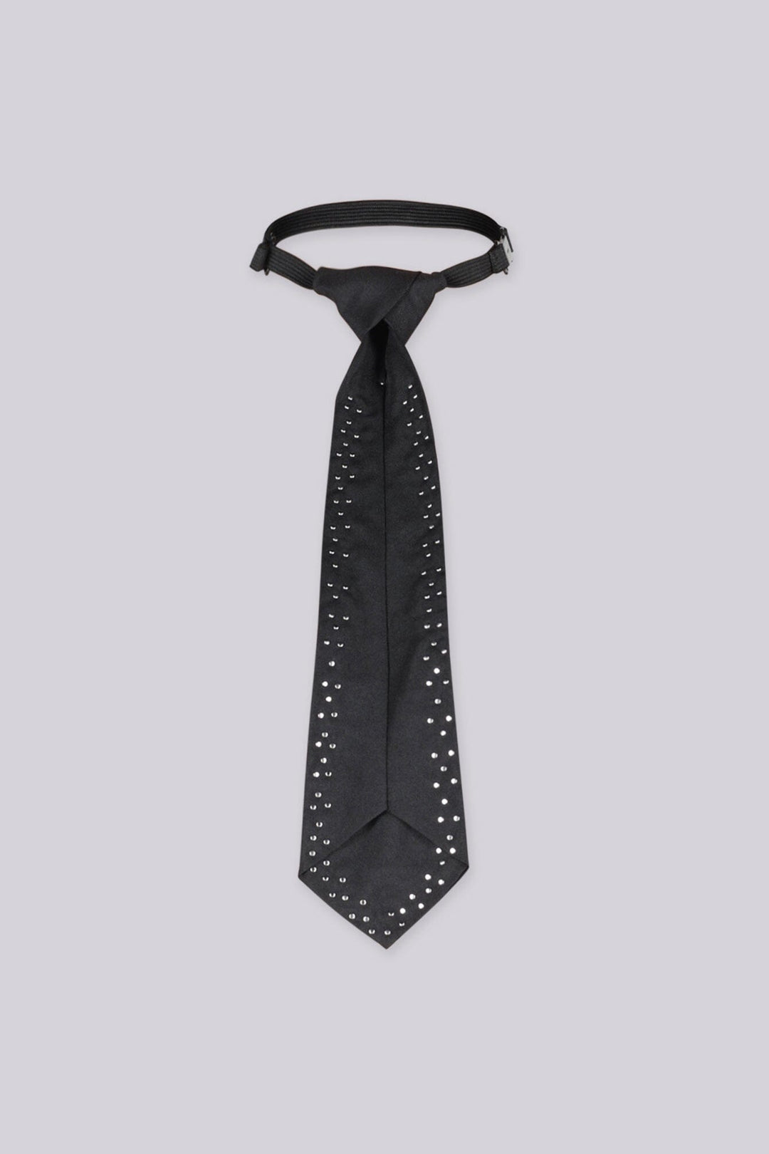 Black necktie with rhinestone stud detailing, close-up flat lay