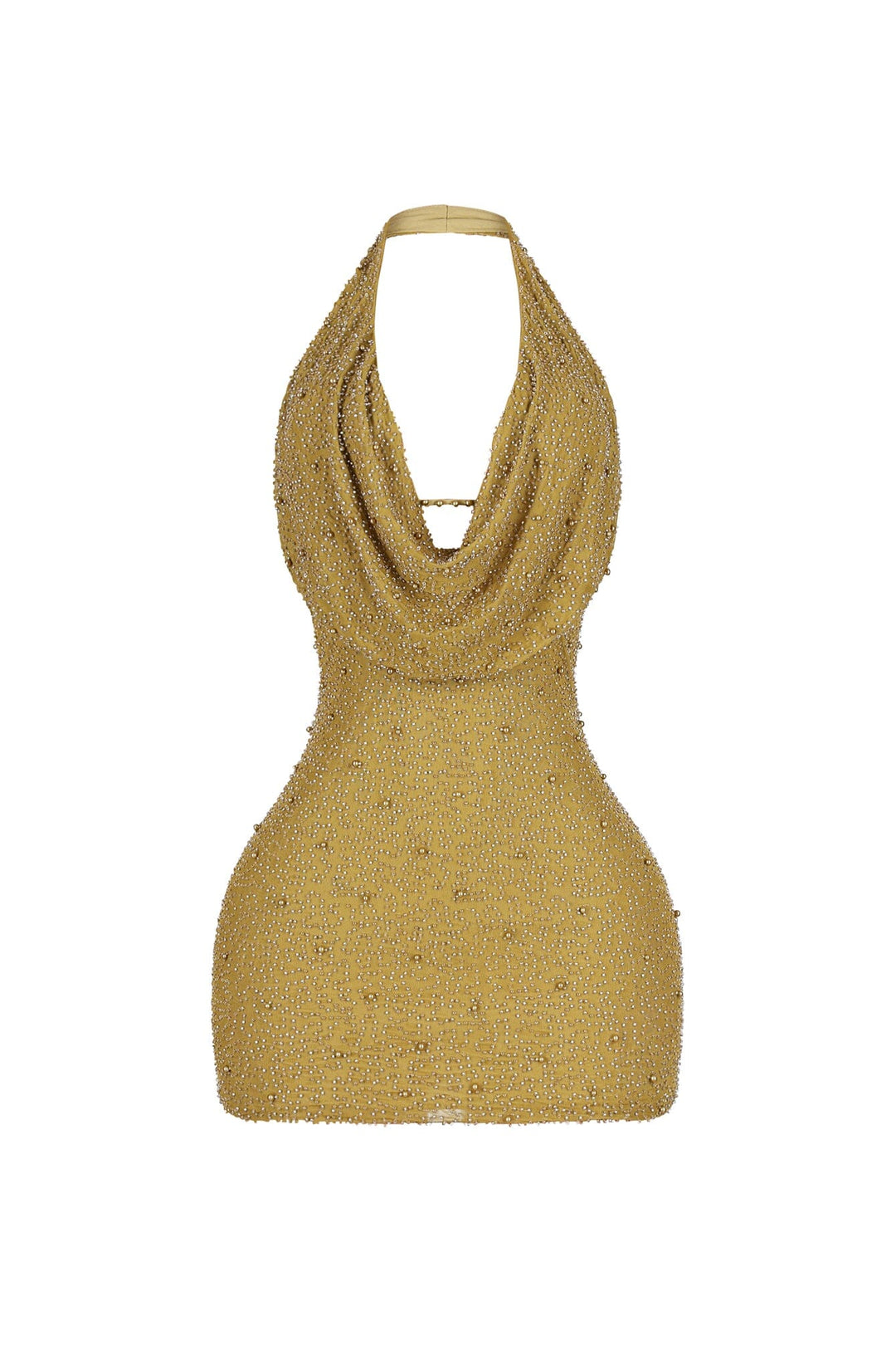 EDGE — olive mesh pearl mini dress, front view flat lay
