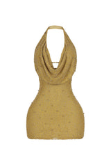 EDGE — olive mesh pearl mini dress, front view flat lay