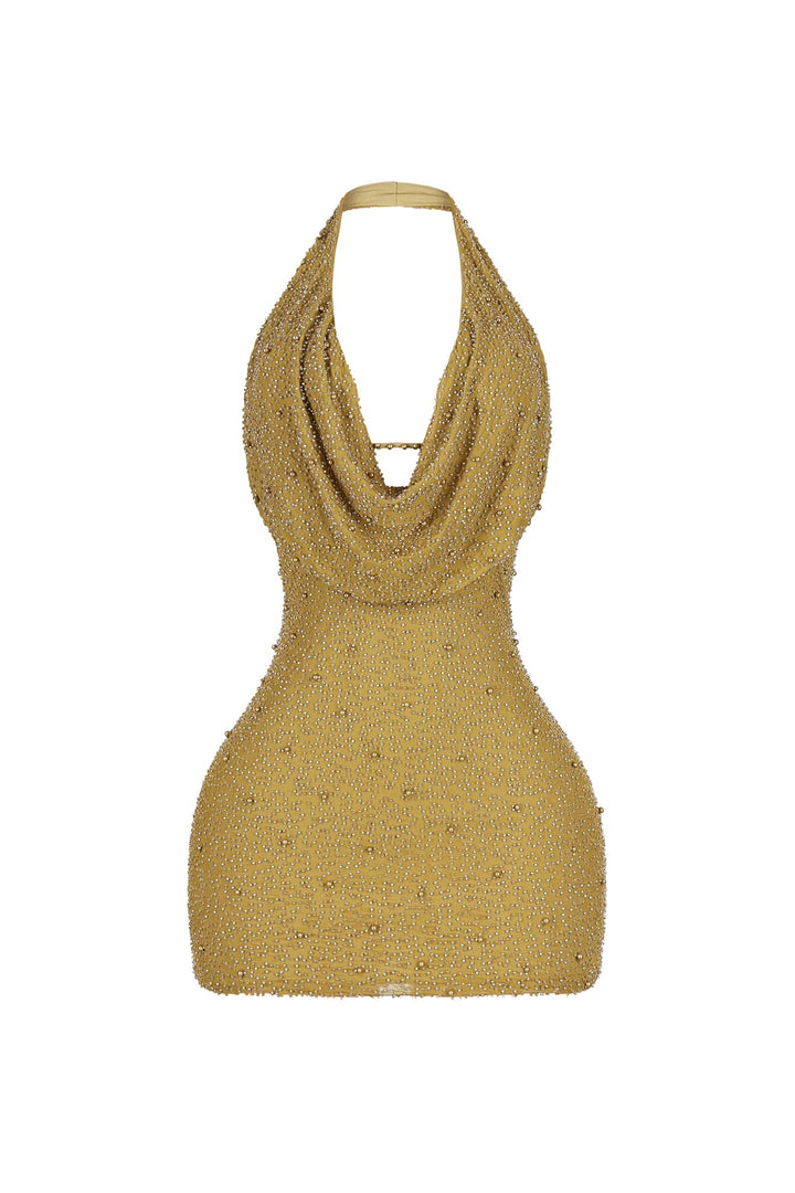 EDGE — olive mesh pearl mini dress, front view flat lay