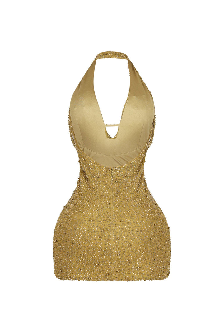 EDGE — olive mesh pearl mini dress, back view flat lay