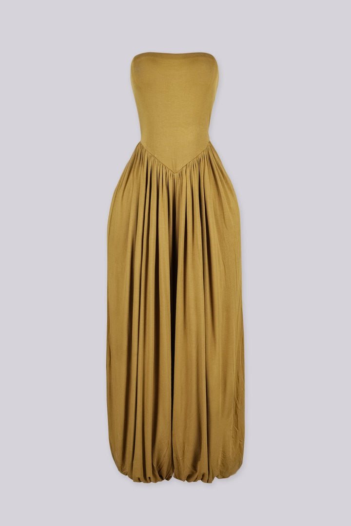 Strapless wide leg jumpsuit featuring a flattering V-shaped dropped waistline, Banded elastic cuffs cinch in at the ankle for a bubble hem finish