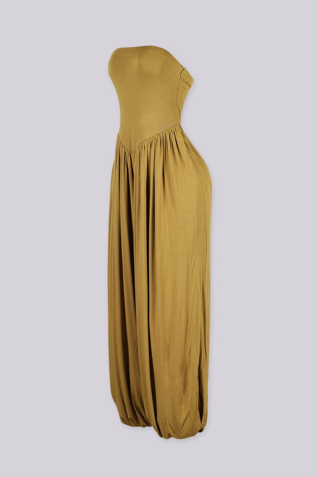 Strapless wide leg jumpsuit featuring a flattering V-shaped dropped waistline, Banded elastic cuffs cinch in at the ankle for a bubble hem finish