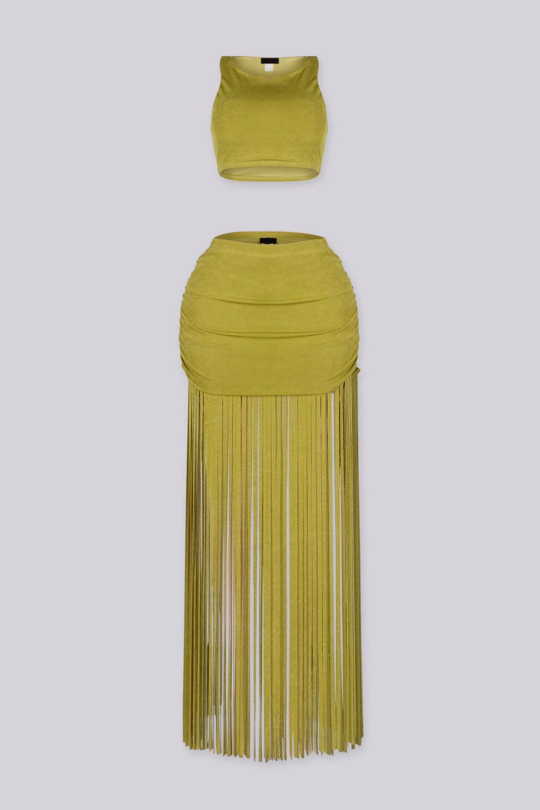 Crew neck crop top and ruched mini skirt with floor sweeping fringe detailing