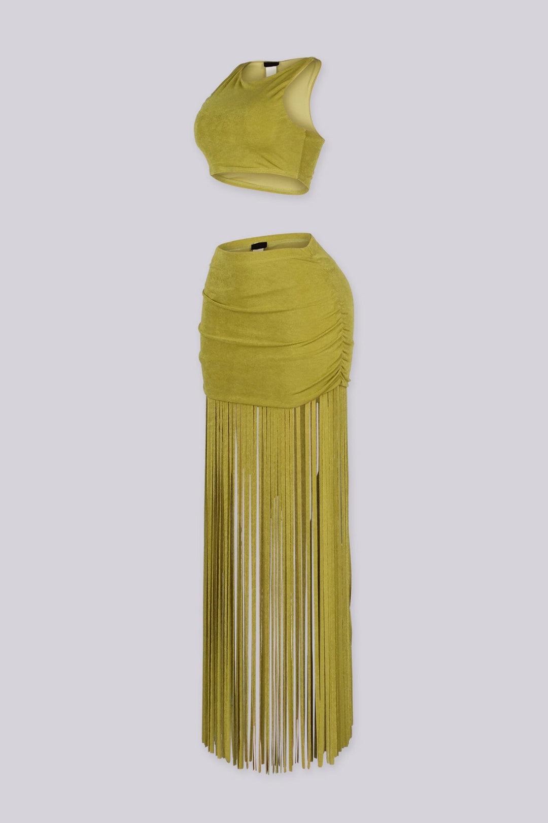 Crew neck crop top and ruched mini skirt with floor sweeping fringe detailing