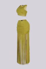 Crew neck crop top and ruched mini skirt with floor sweeping fringe detailing