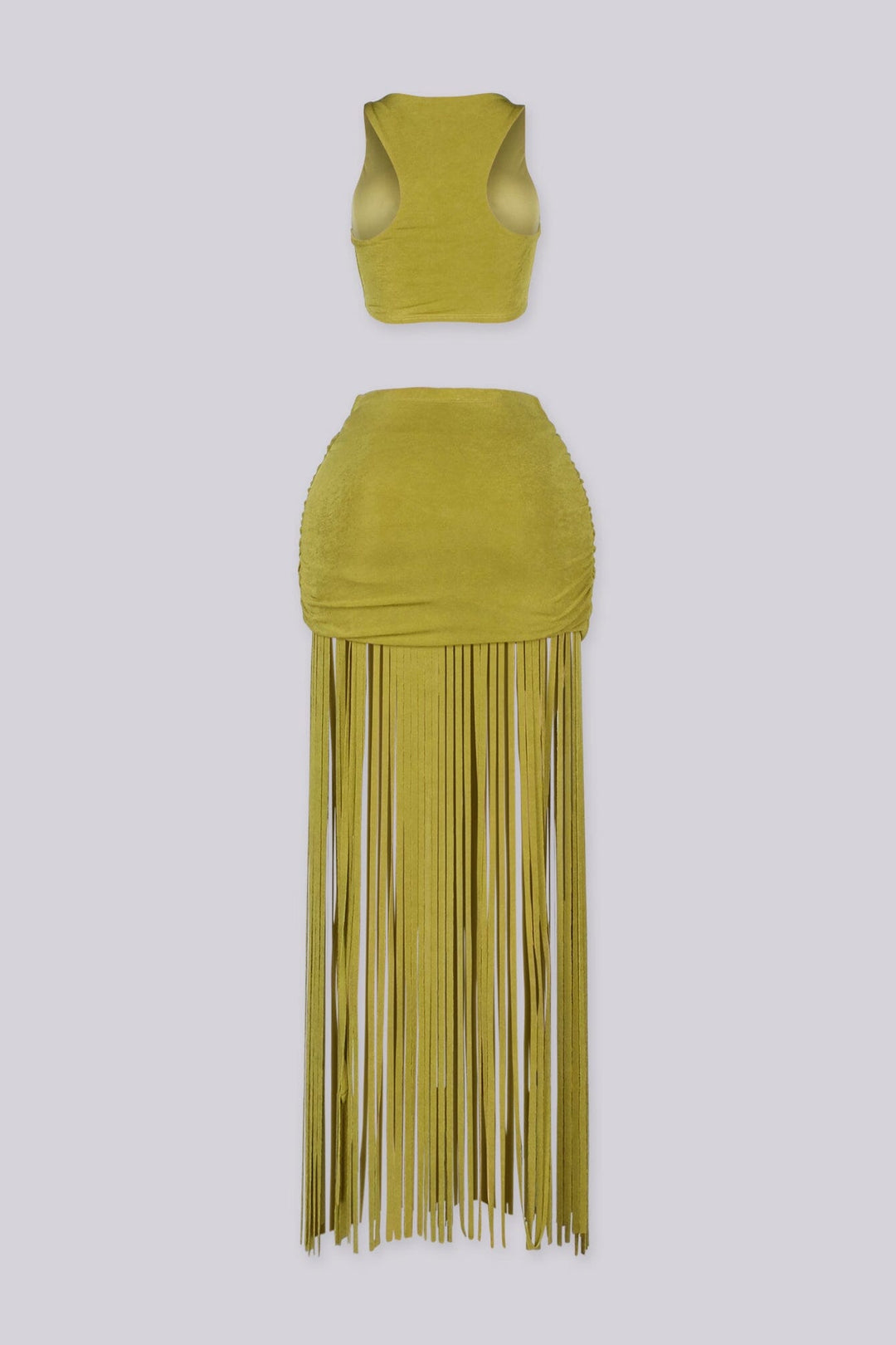 Crew neck crop top and ruched mini skirt with floor sweeping fringe detailing