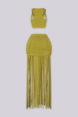 Crew neck crop top and ruched mini skirt with floor sweeping fringe detailing