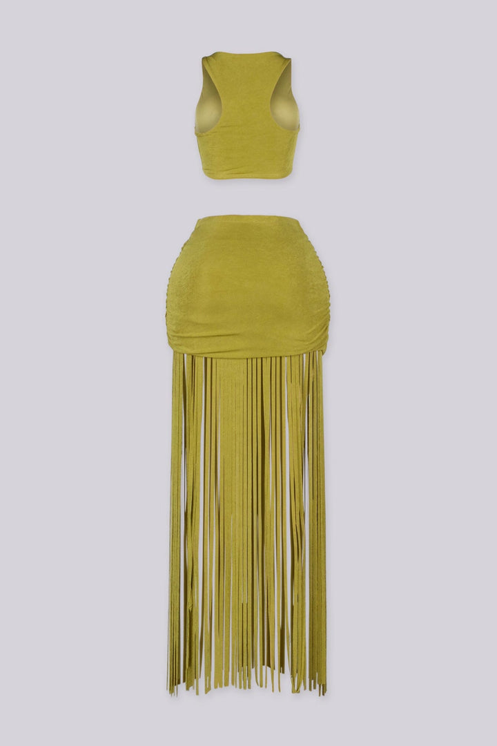 Crew neck crop top and ruched mini skirt with floor sweeping fringe detailing
