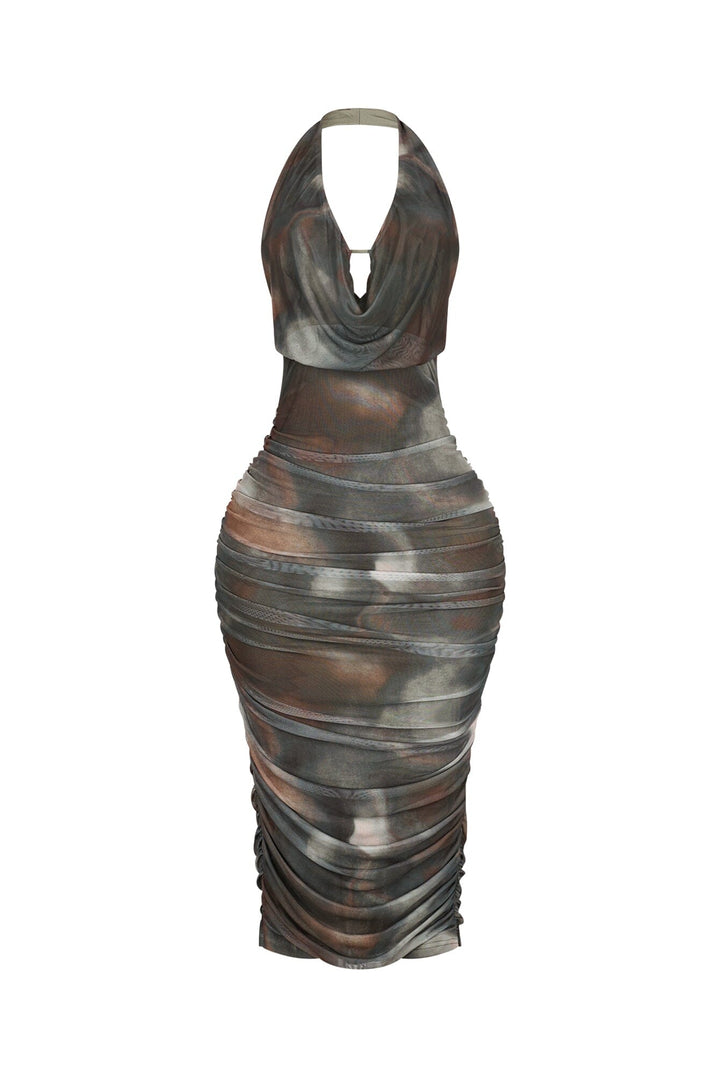 Mesh print halter midi dress featuring ruching details throughout and crisscross back lace up