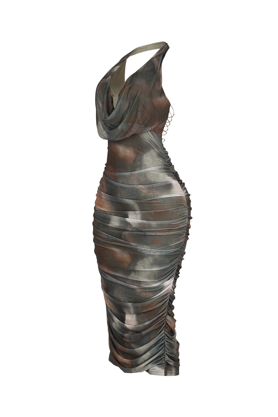 Mesh print halter midi dress featuring ruching details throughout and crisscross back lace up
