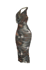 Mesh print halter midi dress featuring ruching details throughout and crisscross back lace up