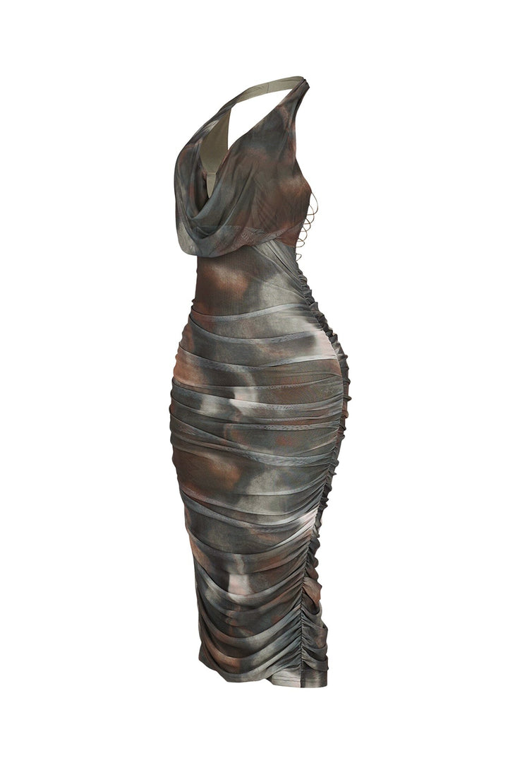 Mesh print halter midi dress featuring ruching details throughout and crisscross back lace up