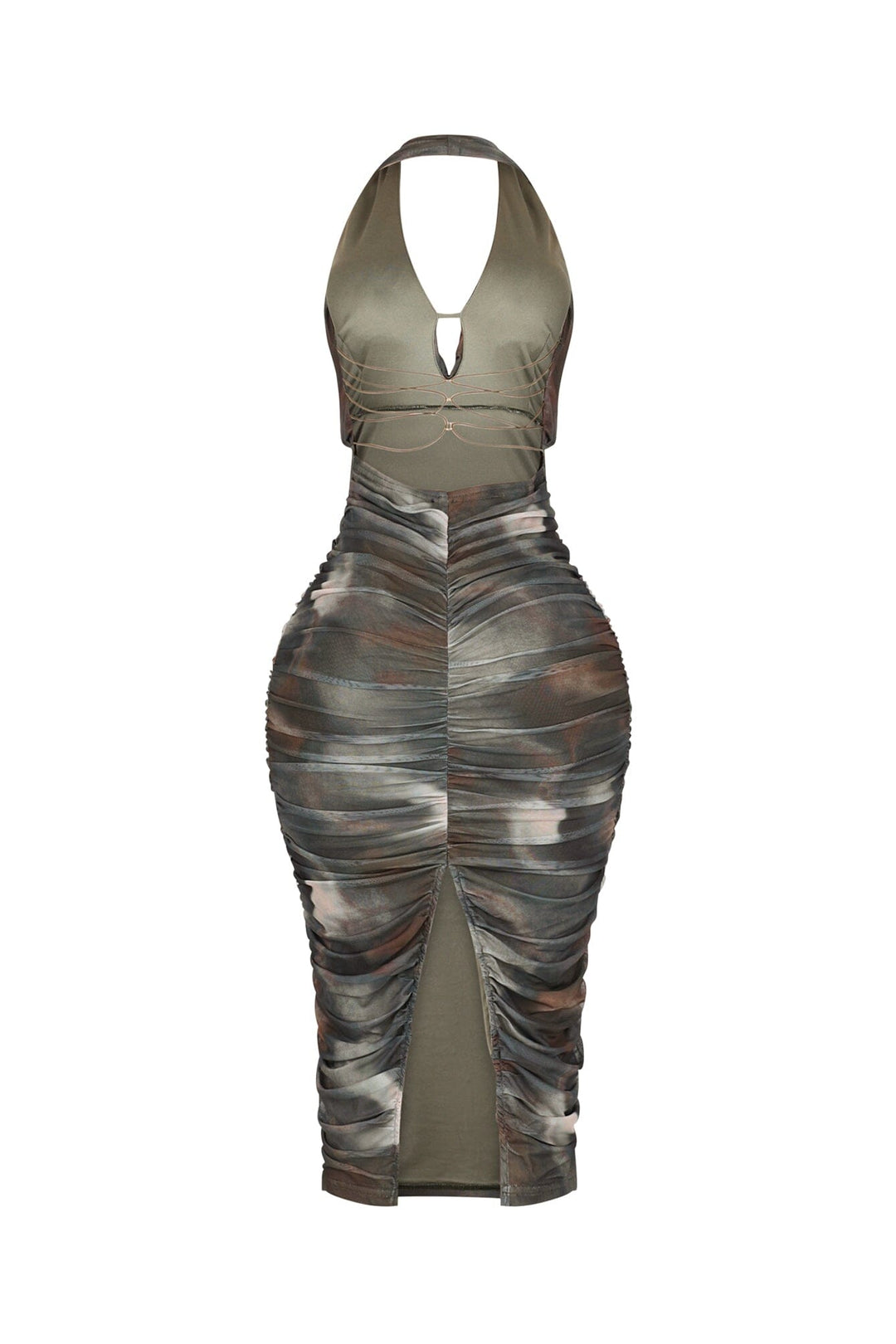 Mesh print halter midi dress featuring ruching details throughout and crisscross back lace up
