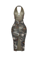 Mesh print halter midi dress featuring ruching details throughout and crisscross back lace up