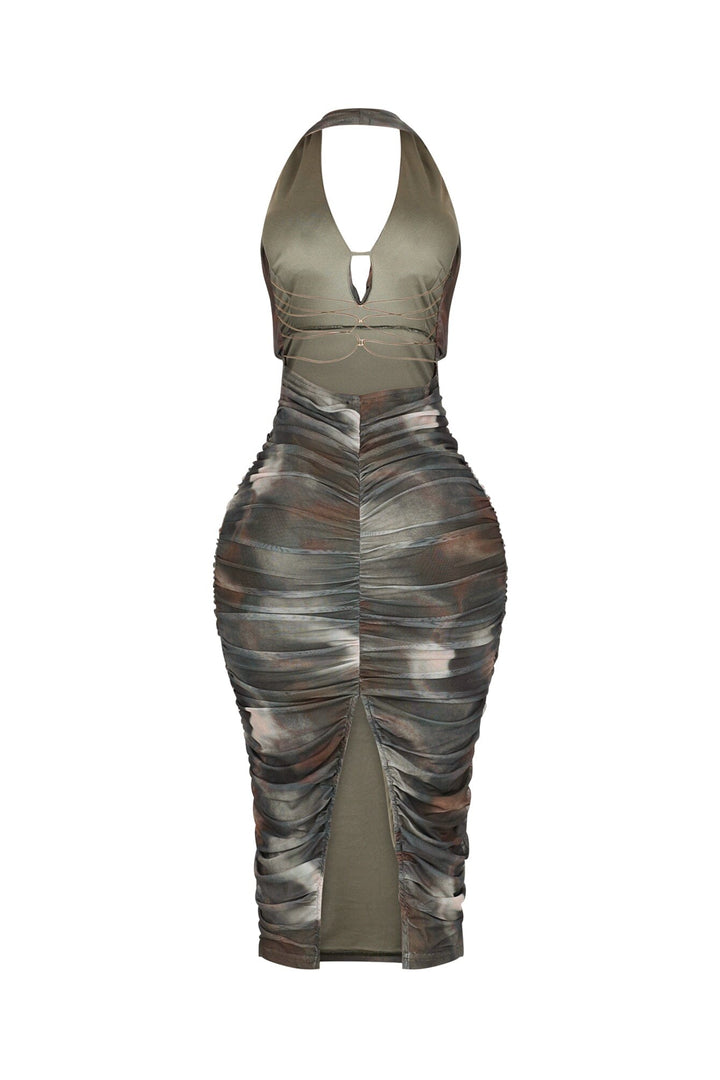 Mesh print halter midi dress featuring ruching details throughout and crisscross back lace up