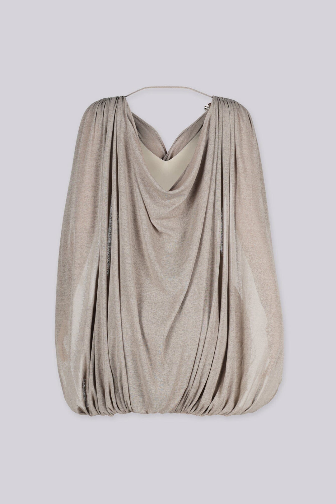 Fitted ruched mini dress with a plunging crossover wrap front, mocha back view