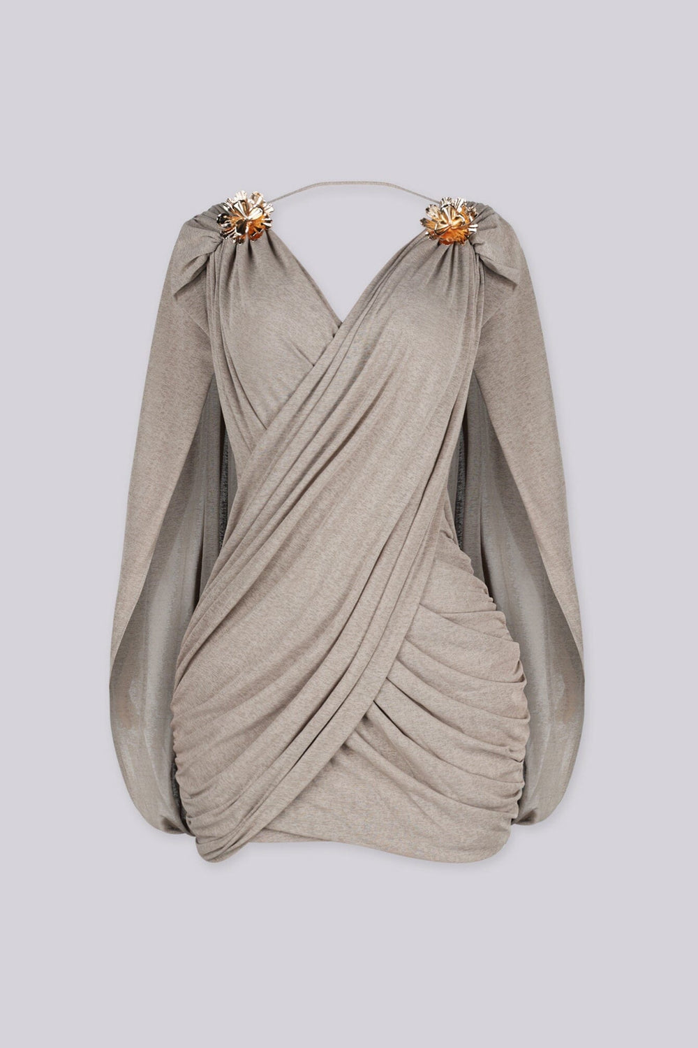 Fitted ruched mini dress with a plunging crossover wrap front, mocha front view