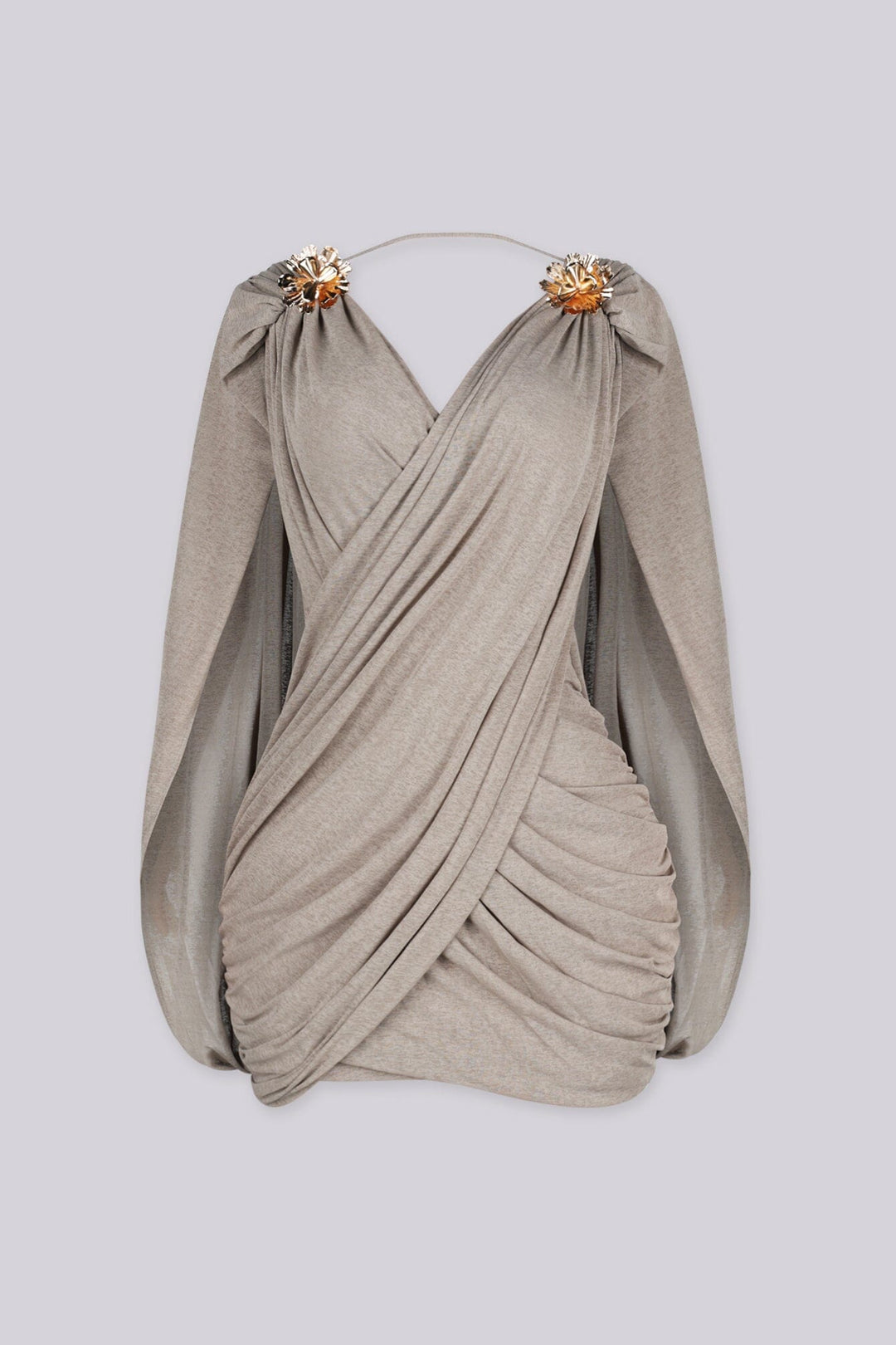 Fitted ruched mini dress with a plunging crossover wrap front, mocha front view
