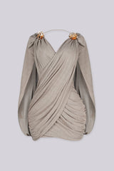 Fitted ruched mini dress with a plunging crossover wrap front, mocha front view